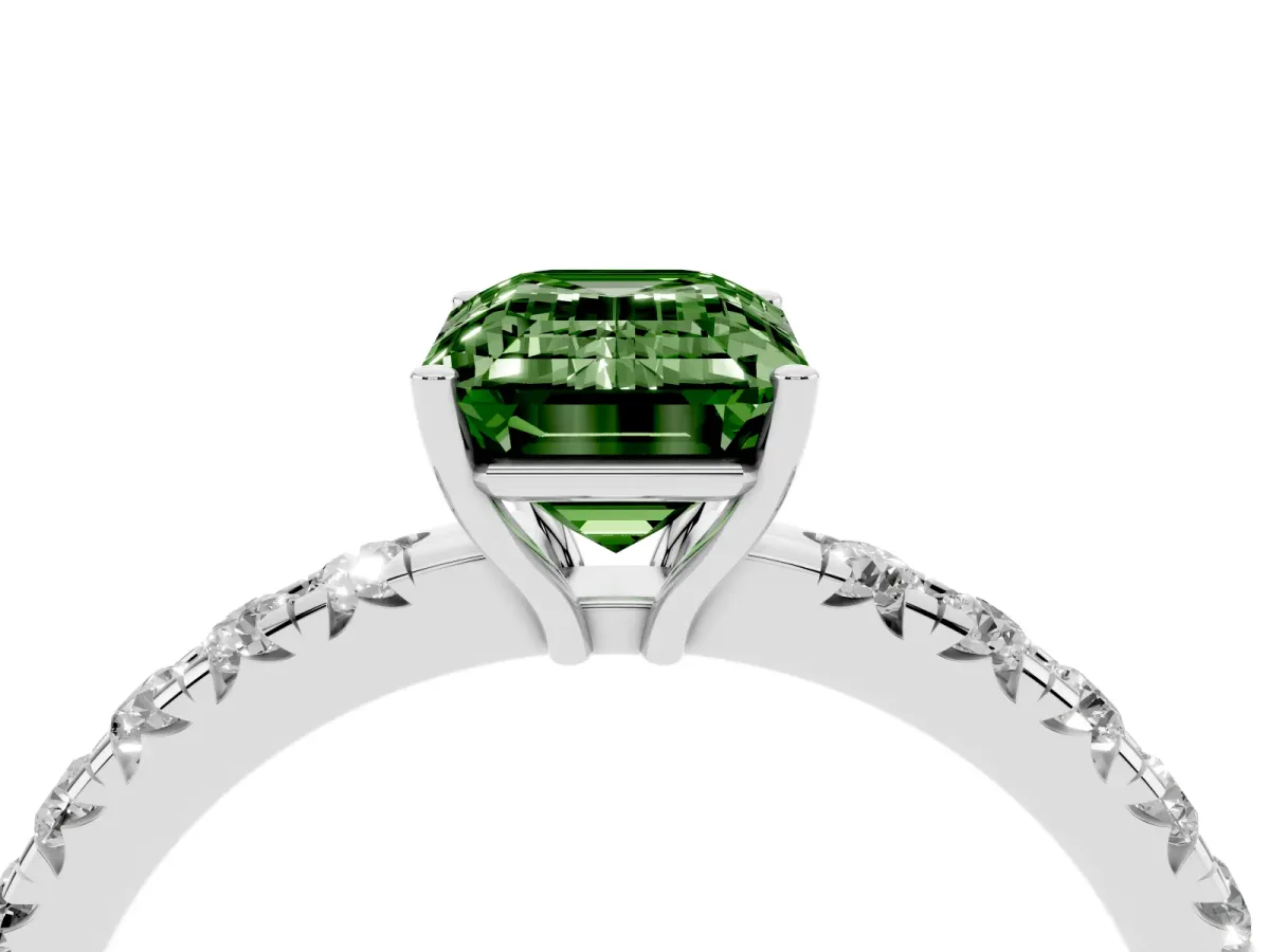 Fancy Green Emerald Cut Diamond Pavé Solitaire Engagement Ring with Four-Prong Setting Platinum