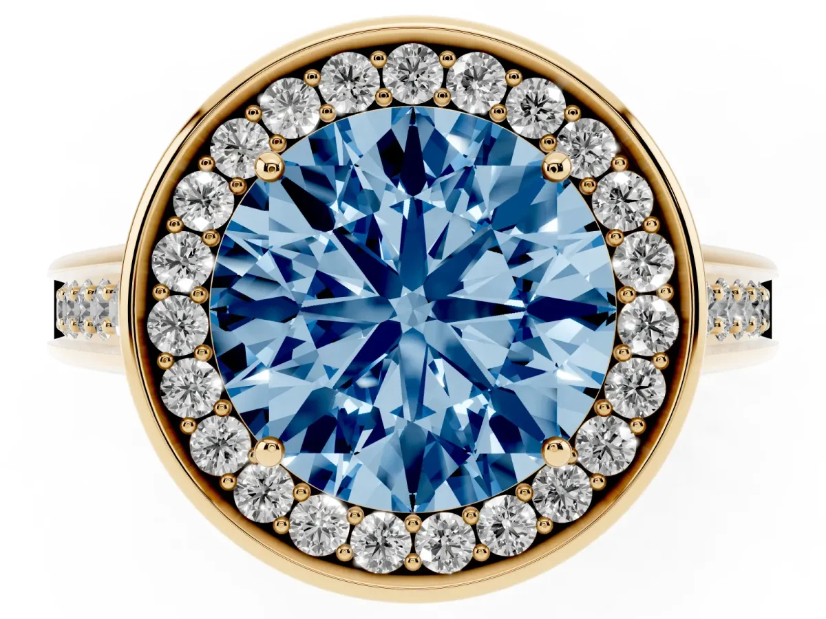 Fancy Blue Round Cut Halo Solitaire Diamond Ring with Pave Band and Bezel Setting Yellow gold