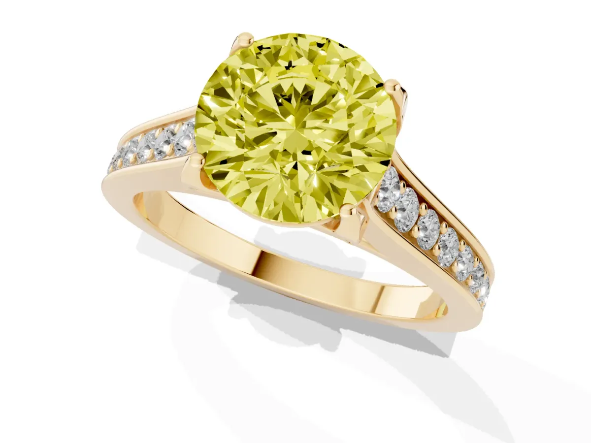 Fancy Yellow Round Cut Brilliant Cut Diamond Engagement Ring with Pavé Band and Four-Prong Setting Yellow gold