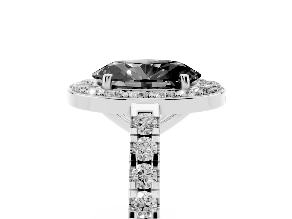 Fancy Black Oval Cut Diamond Halo Ring with Round Pavé Split Shank and Prong Setting Platinum