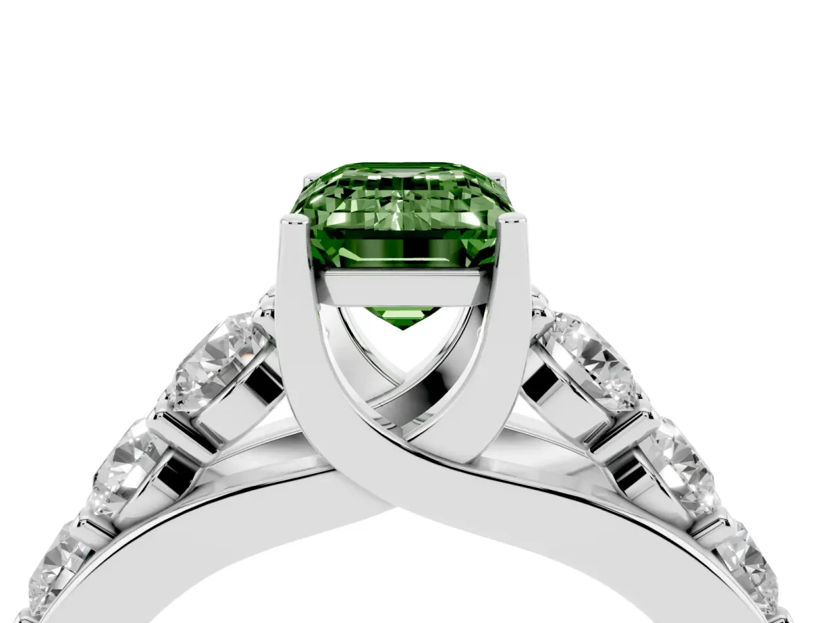Fancy Green Emerald Cut Diamond Engagement Ring with Pavé Band and Four-Prong Setting Platinum