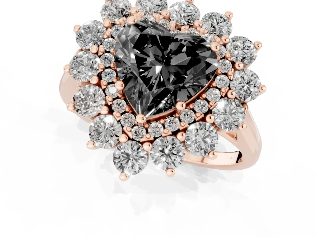 Fancy Black Heart Cut Diamond Floral Double Halo Engagement Ring with Prong Setting Rose gold