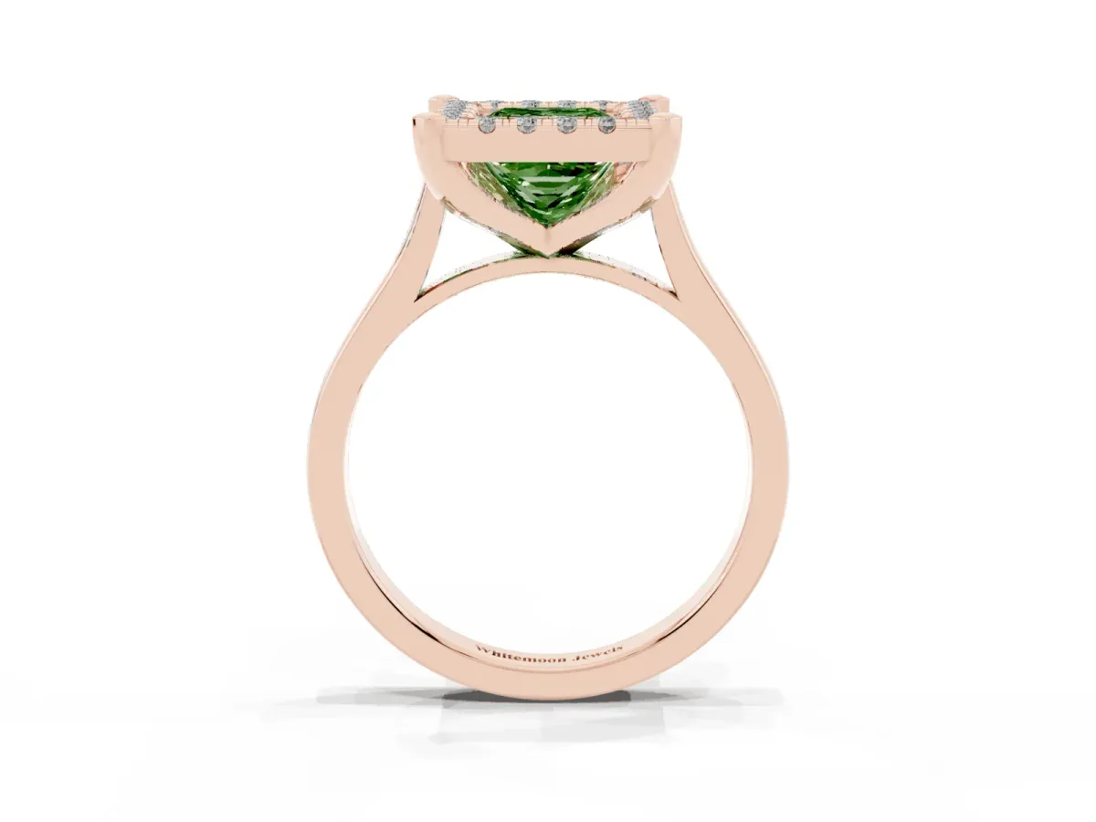 Fancy Green Princess Cut Diamond Cluster Halo Solitaire with Four-Prong Setting Rose gold