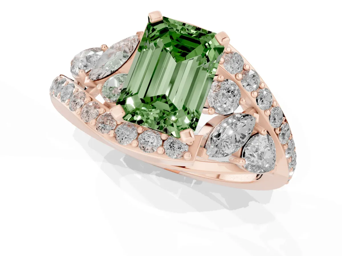 Fancy Green Emerald Cut Diamond Halo Ring with Marquise and Pavé Band in Prong Setting Rose gold