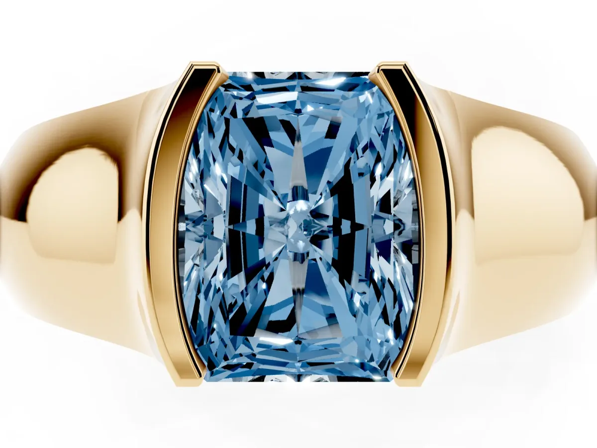 Fancy Blue Radiant Cut Solitaire Bezel Set Diamond Ring with Wide Band Yellow gold