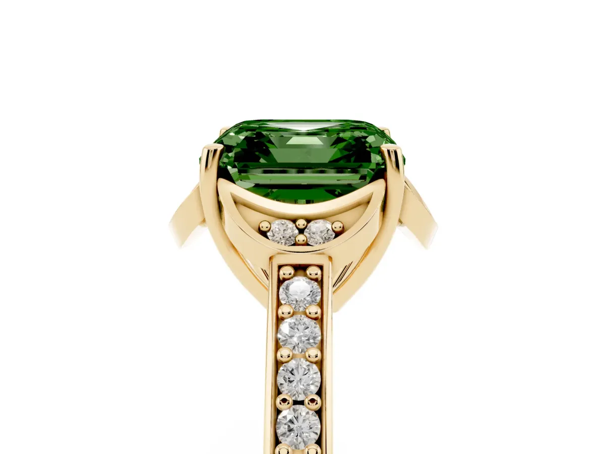 Fancy Green Asscher Cut Cut Halo Diamond Ring with Channel Set Band and Four-Prong Setting Yellow gold