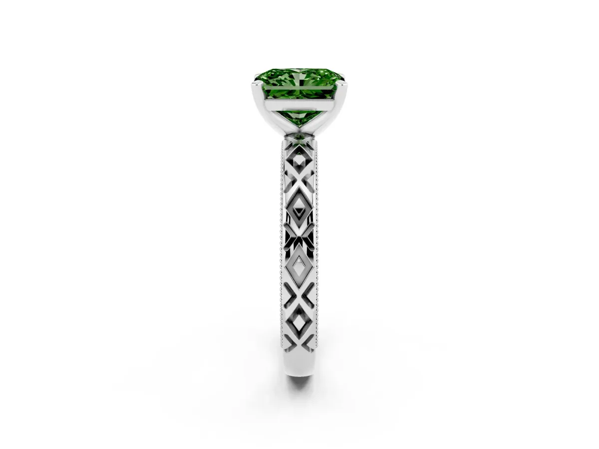 Fancy Green Radiant Cut Solitaire Diamond Ring with Milgrain and Black Enamel X Pattern Band Silver
