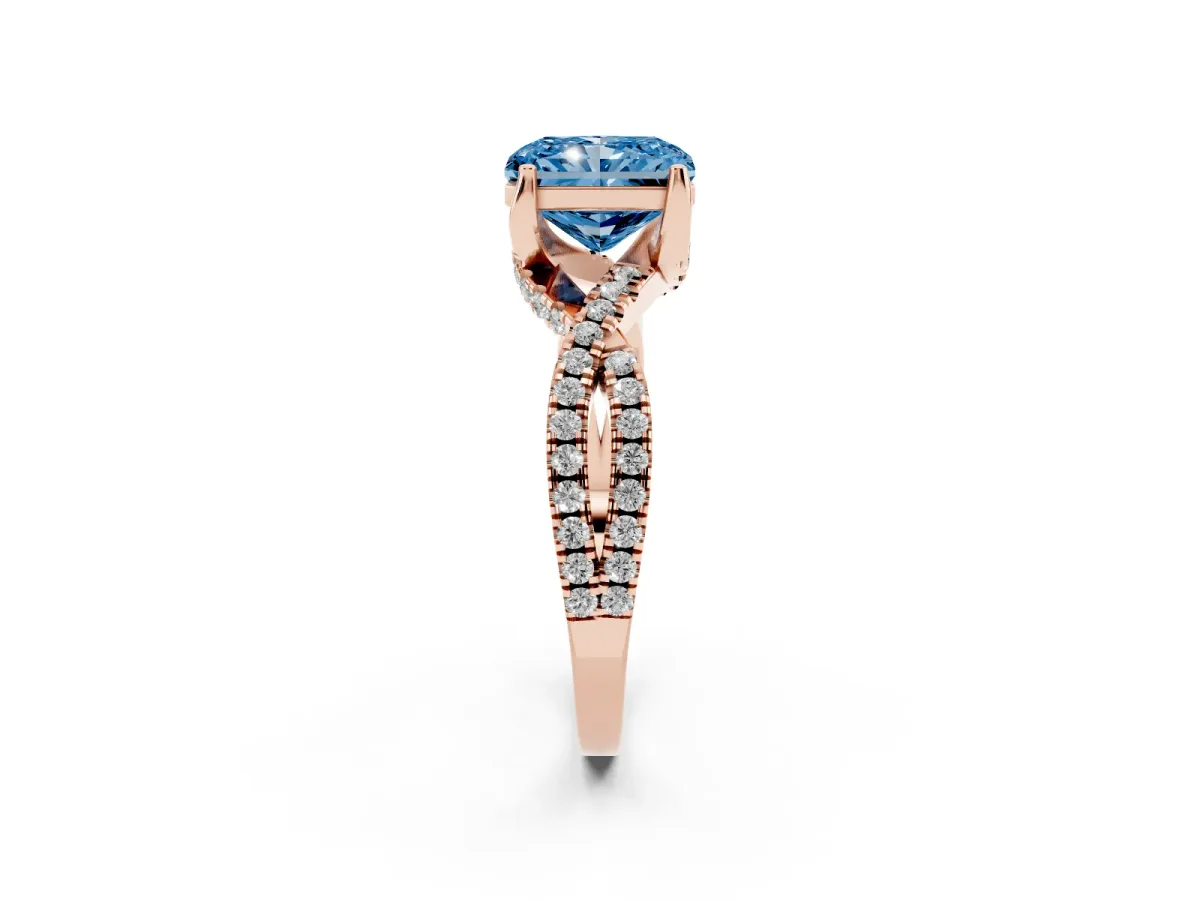 Fancy Blue Radiant Cut Solitaire Twist Pave Diamond Engagement Ring with Prong Setting Rose gold