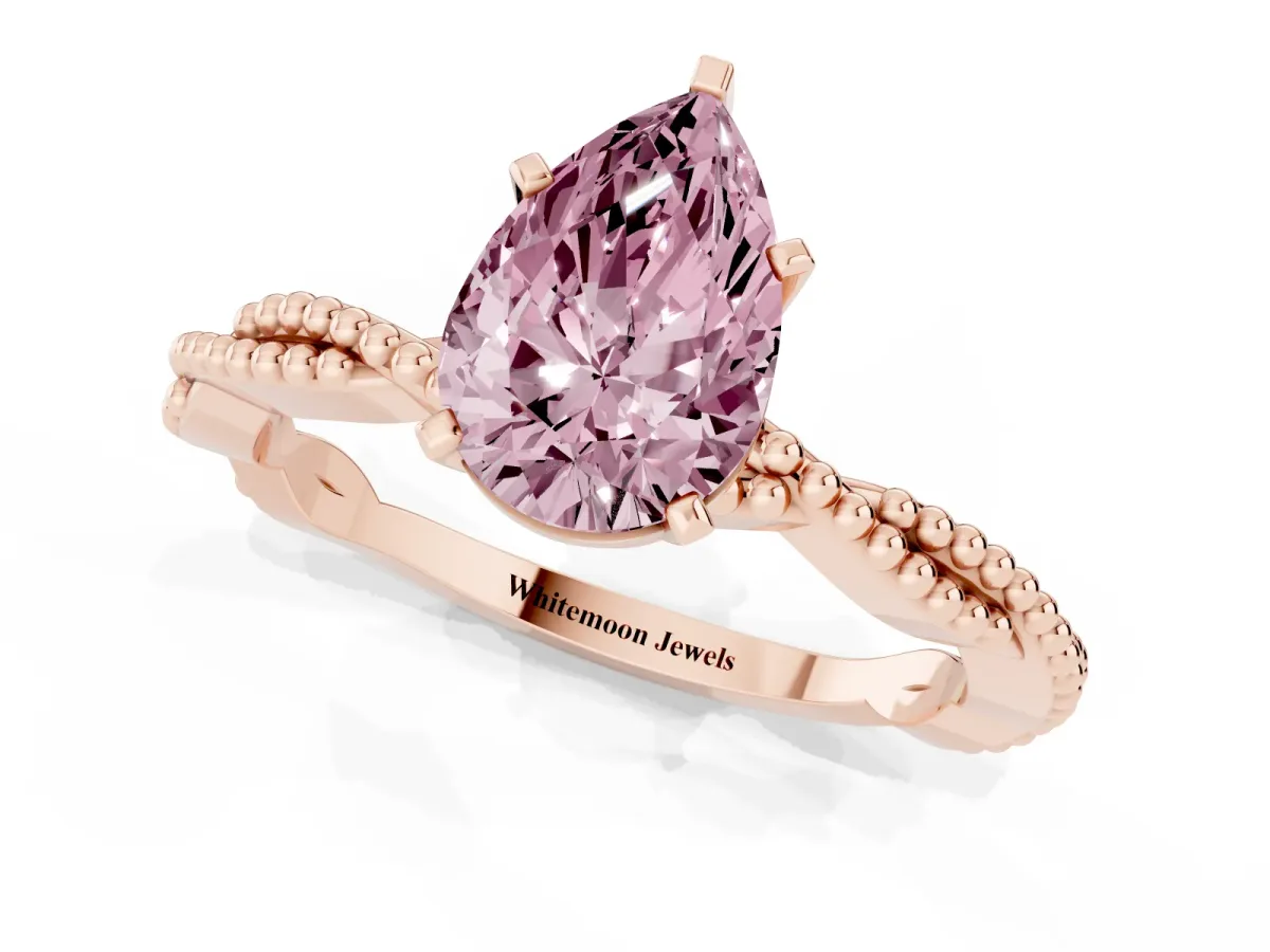 Fancy Pink Pear Cut Solitaire Twisted Band with Bead Prong Setting Rose gold