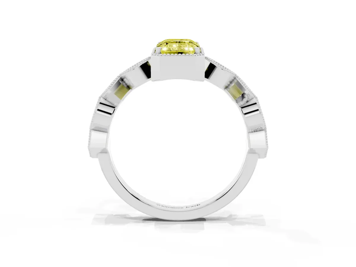 Fancy Yellow Emerald Cut Milgrain Marquise Diamond Twist Band Ring Silver