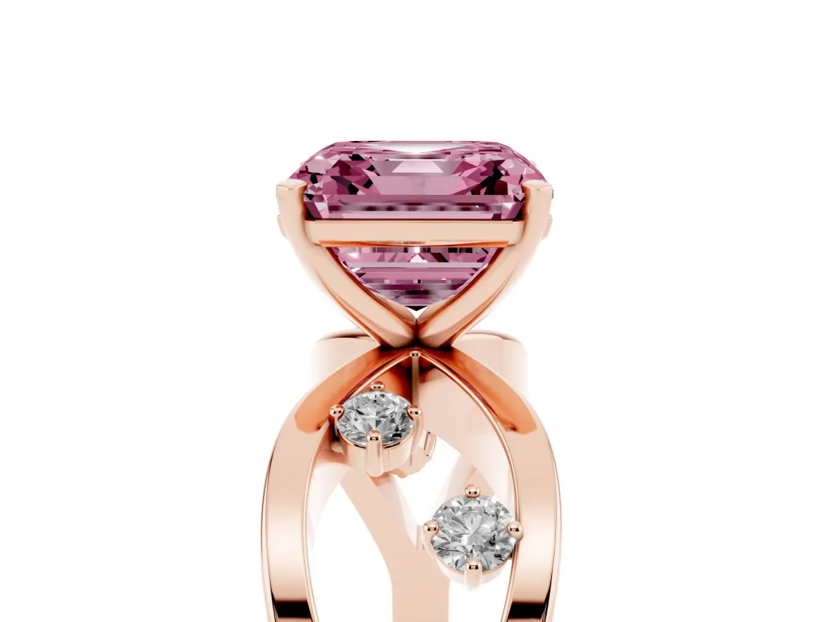 Fancy Pink Asscher Cut Cut Solitaire Diamond with Side Stones on Criss-Cross Band and Four-Prong Setting Rose gold