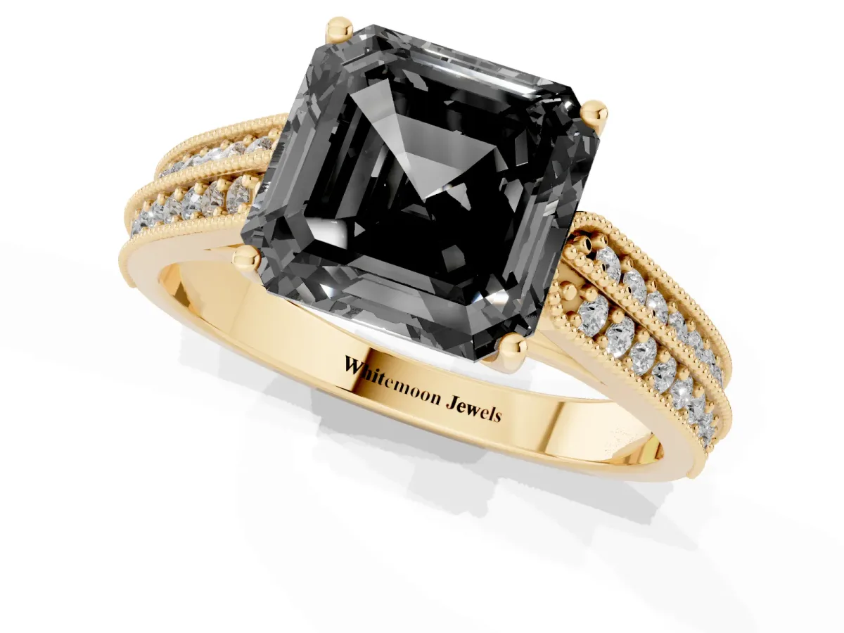 Fancy Black Asscher Cut Cut Pave Split Shank Engagement Ring with Four-Prong Setting Yellow gold