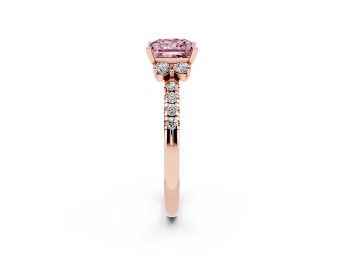Fancy Pink Princess Cut Diamond Three-Stone Pave Band with Four-Prong Setting Rose gold