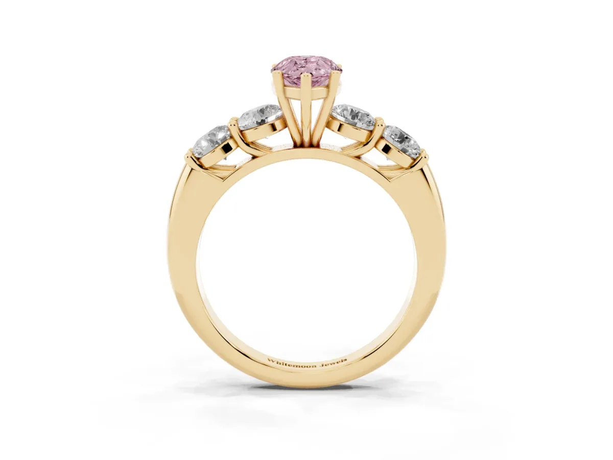 Fancy Pink Pear Cut Cut Five-Stone Prong Set Diamond Ring with Classic Band Yellow gold