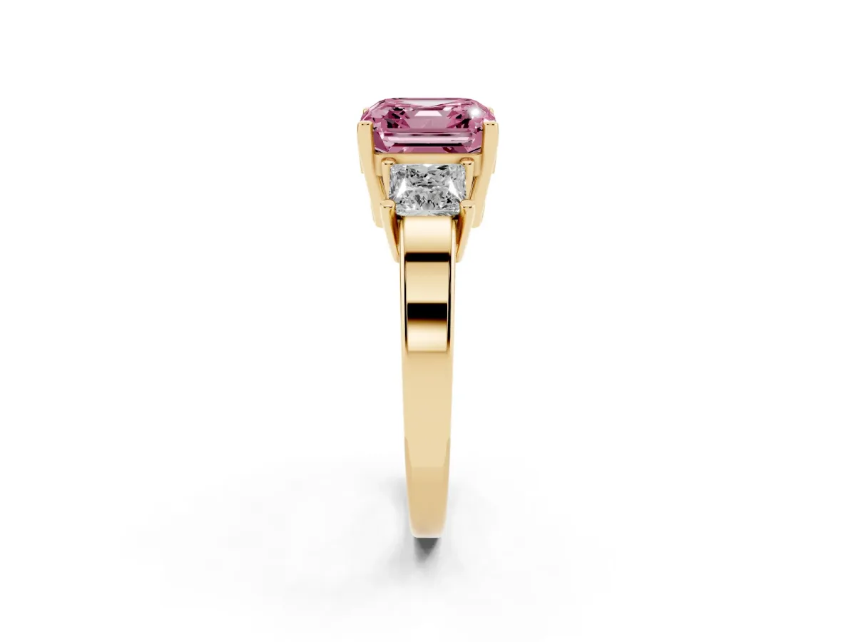 Fancy Pink Three-Stone Asscher Cut Cut Solitaire Ring with Prong Setting Yellow gold