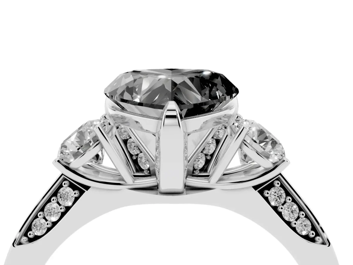 Fancy Black Heart Cut Brilliant Three-Stone Diamond Ring with Pavé Band and Four-Prong Setting Platinum