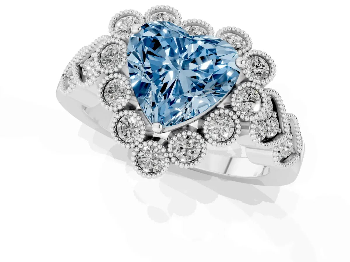 Fancy Blue Heart Cut Brilliant Milgrain Pave Heart Band Solitaire Ring White gold