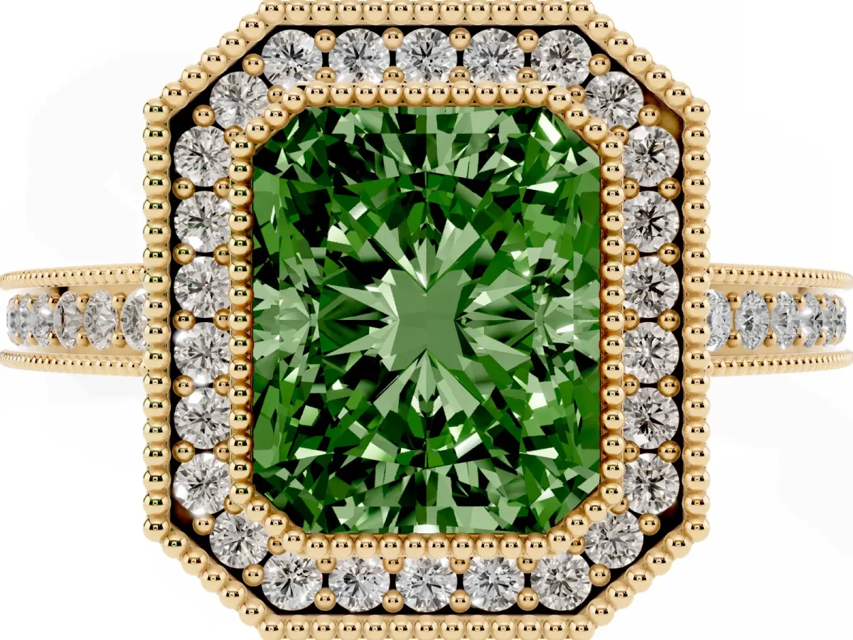 Fancy Green Radiant Cut Cut Halo Diamond Ring with Pavé Band and Milgrain Prong Setting Yellow gold