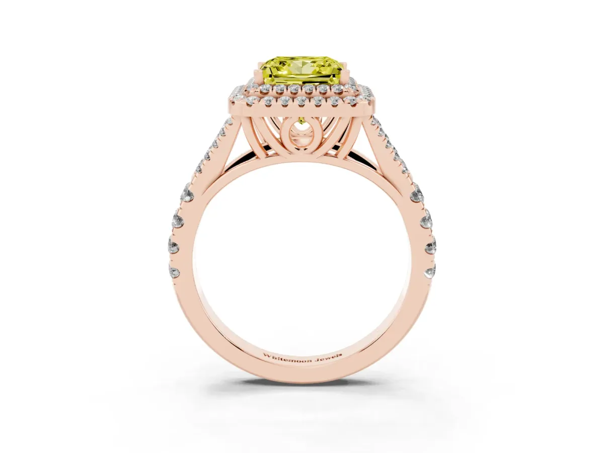 Fancy Yellow Princess Cut Diamond Double Halo Ring with Split Shank and Prong Setting Rose gold