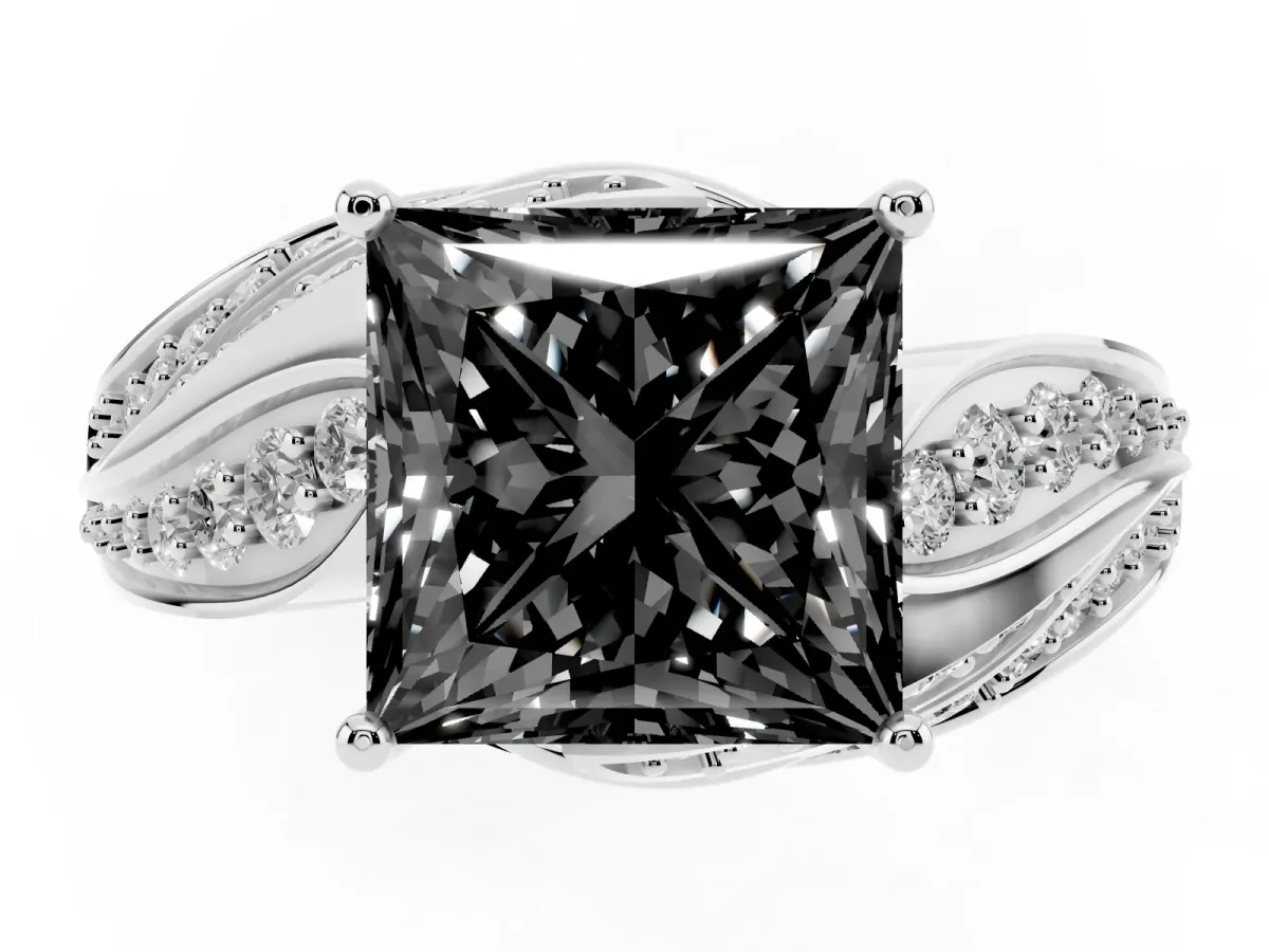 Fancy Black Princess Cut Diamond Solitaire Ring with Prong Setting and Twisted Pavé Band Silver