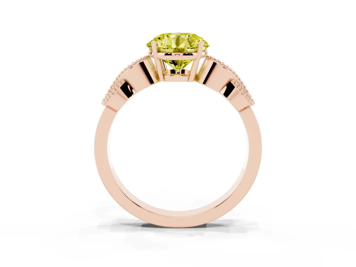Fancy Yellow Round Cut Solitaire Milgrain Leaf Band with Prong Setting Rose gold