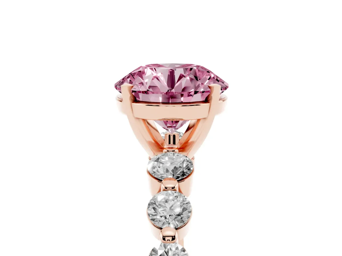 Fancy Pink Round Cut Solitaire Diamond Ring with Pave Band and Four-Prong Setting Rose gold