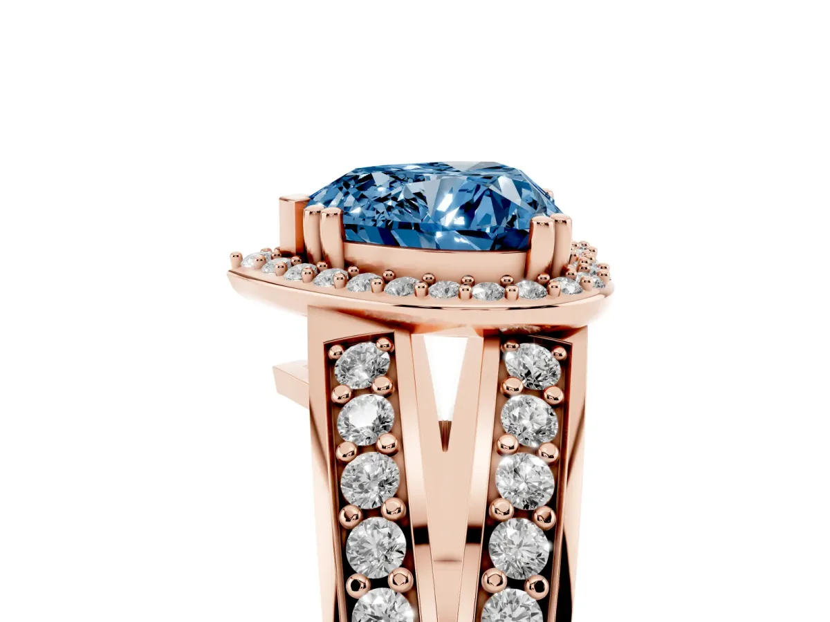Fancy Blue Heart Cut Diamond Halo Ring with Split Shank Pavé Band and Four-Prong Setting Rose gold