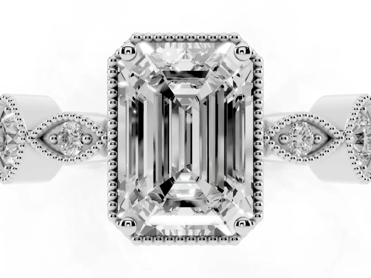 Emerald Cut Diamond Vintage Milgrain Ring with Round Stations Silver
