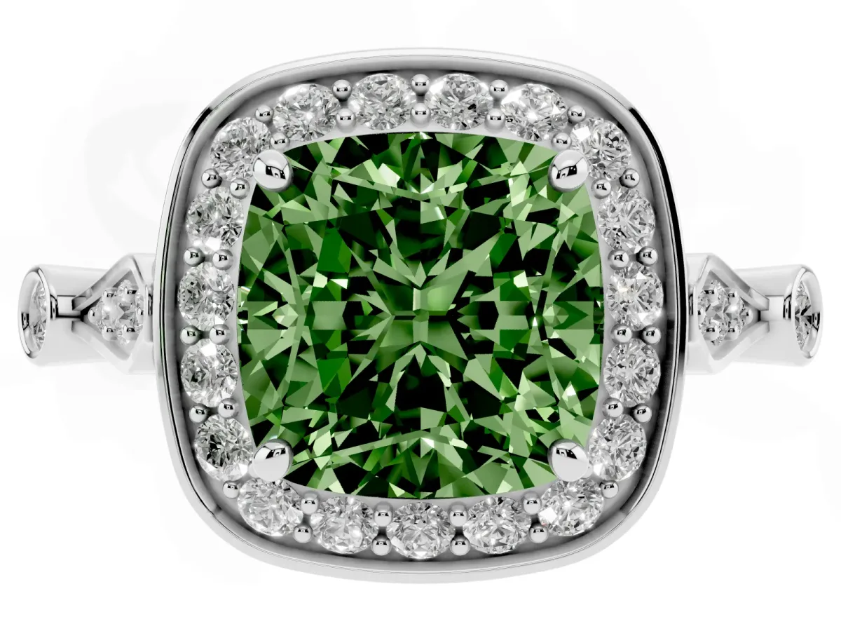 Fancy Green Cushion Cut Halo Diamond Engagement Ring with Twisted Band and Four-Prong Setting White gold