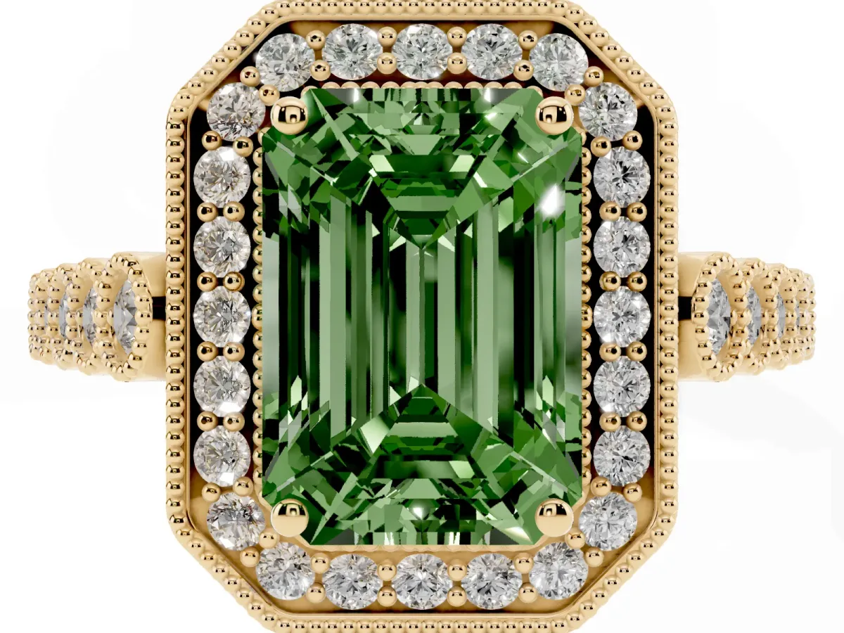 Fancy Green Emerald Cut Halo Milgrain Solitaire with Bezel Set Side Stones and Pave Band Yellow gold