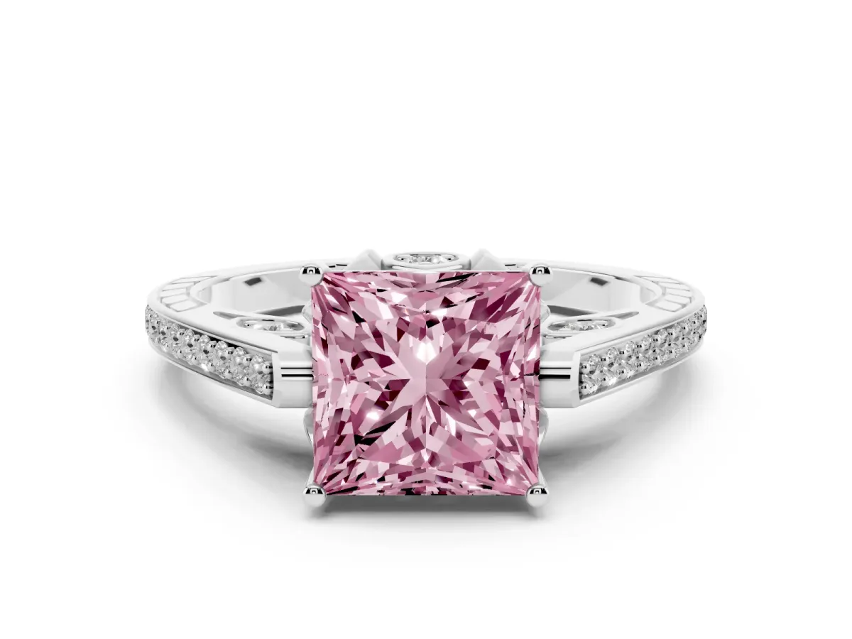 Fancy Pink Princess Cut Cut Cathedral Pave Diamond Engagement Ring with Six-Prong Setting Silver