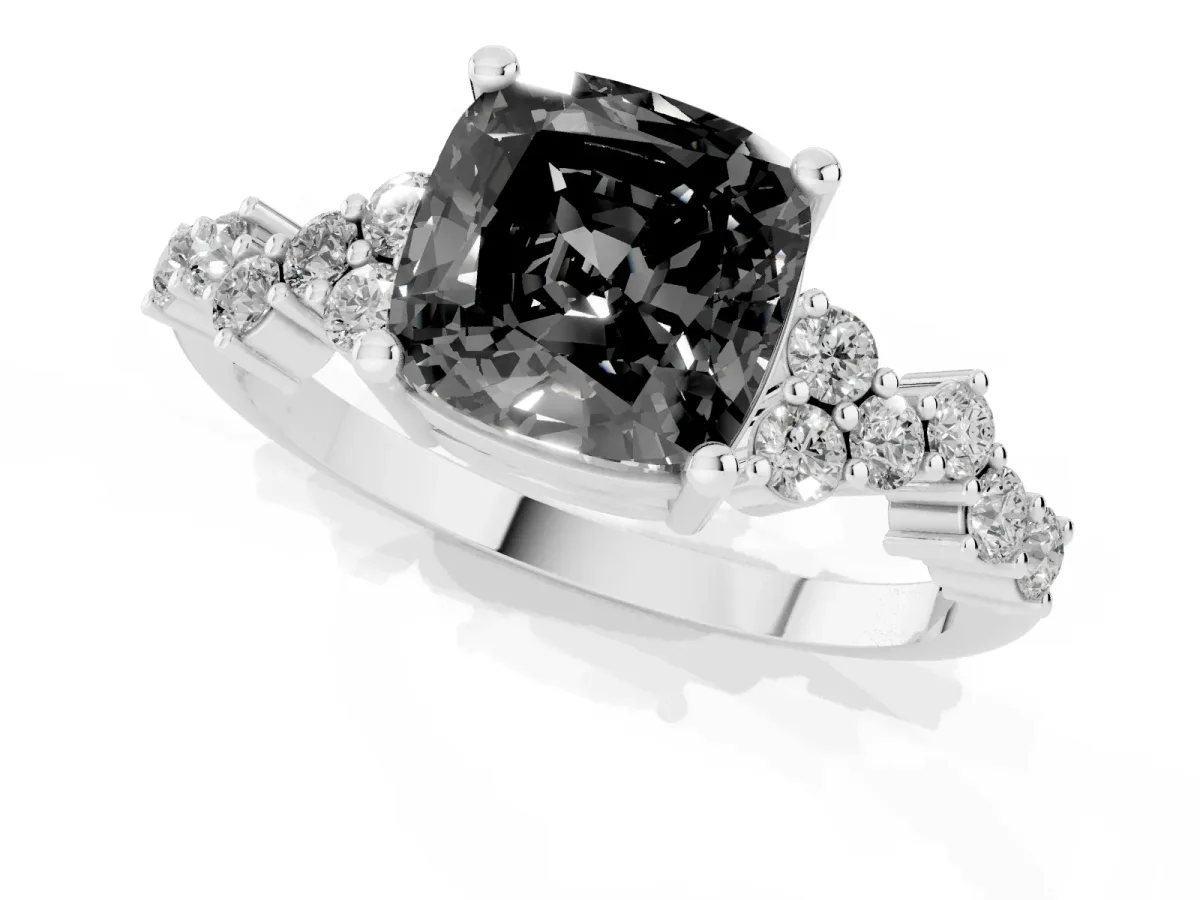 Fancy Black Cushion Cut Diamond Scattered Round Accent Ring with Prong Setting White gold