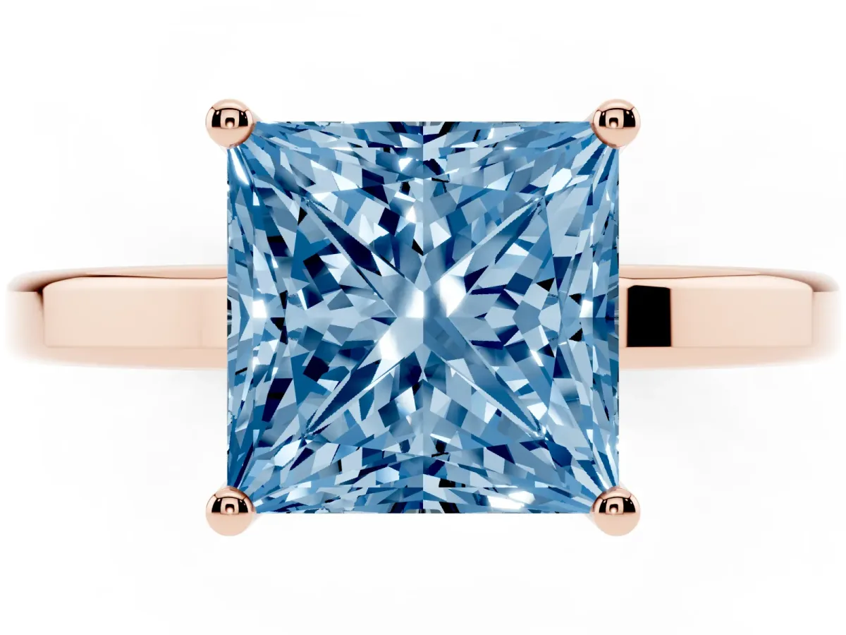 Fancy Blue Princess Cut Cut Solitaire Engagement Ring with Four-Prong Setting on a Classic Band Rose gold