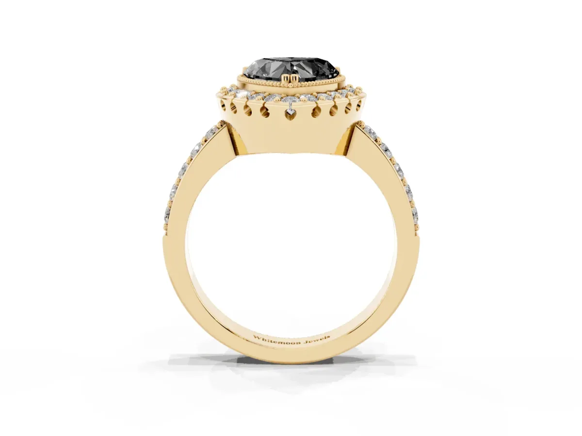 Fancy Black Heart Cut Diamond Halo Ring with Pavé Band and Prong Setting Yellow gold