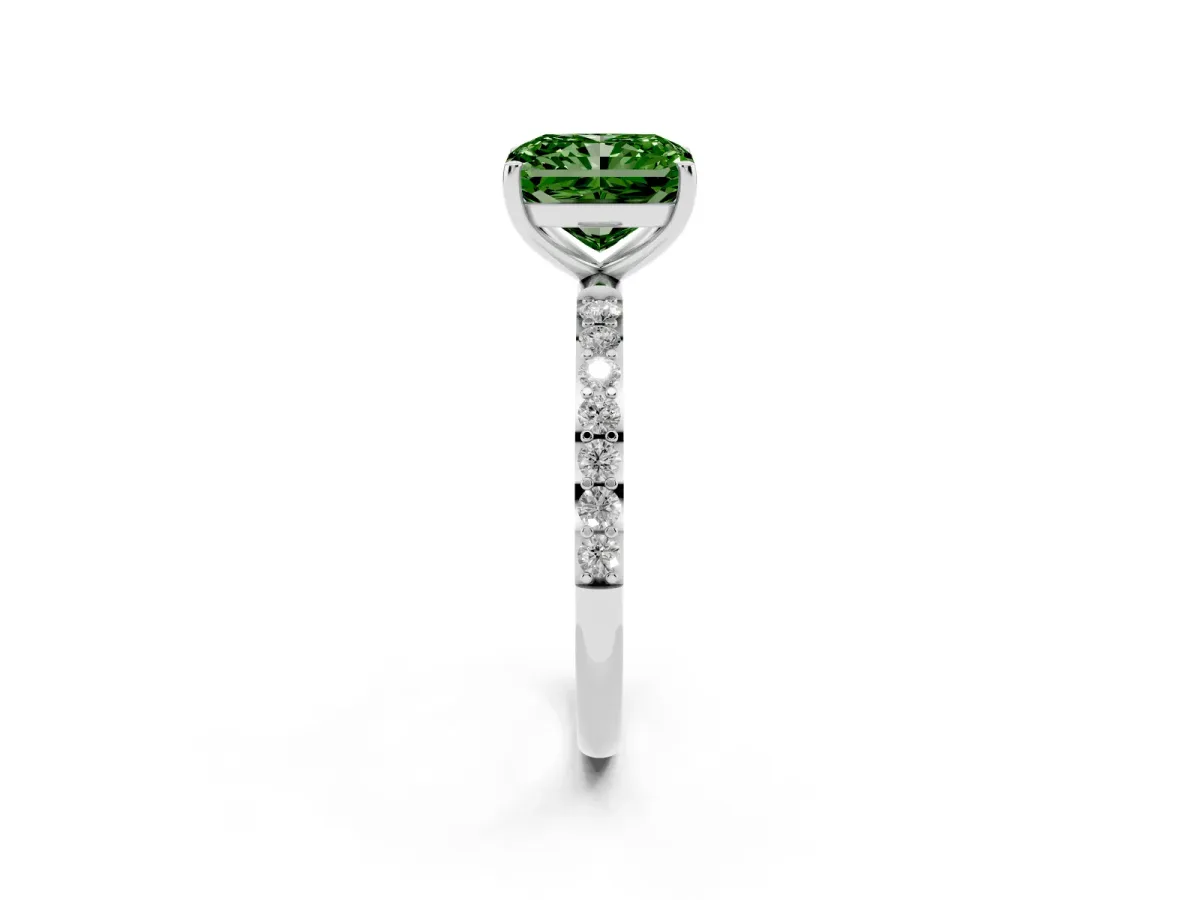 Fancy Green Radiant Cut Diamond Solitaire Ring with Round Pavé Shoulders and Prong Setting Silver