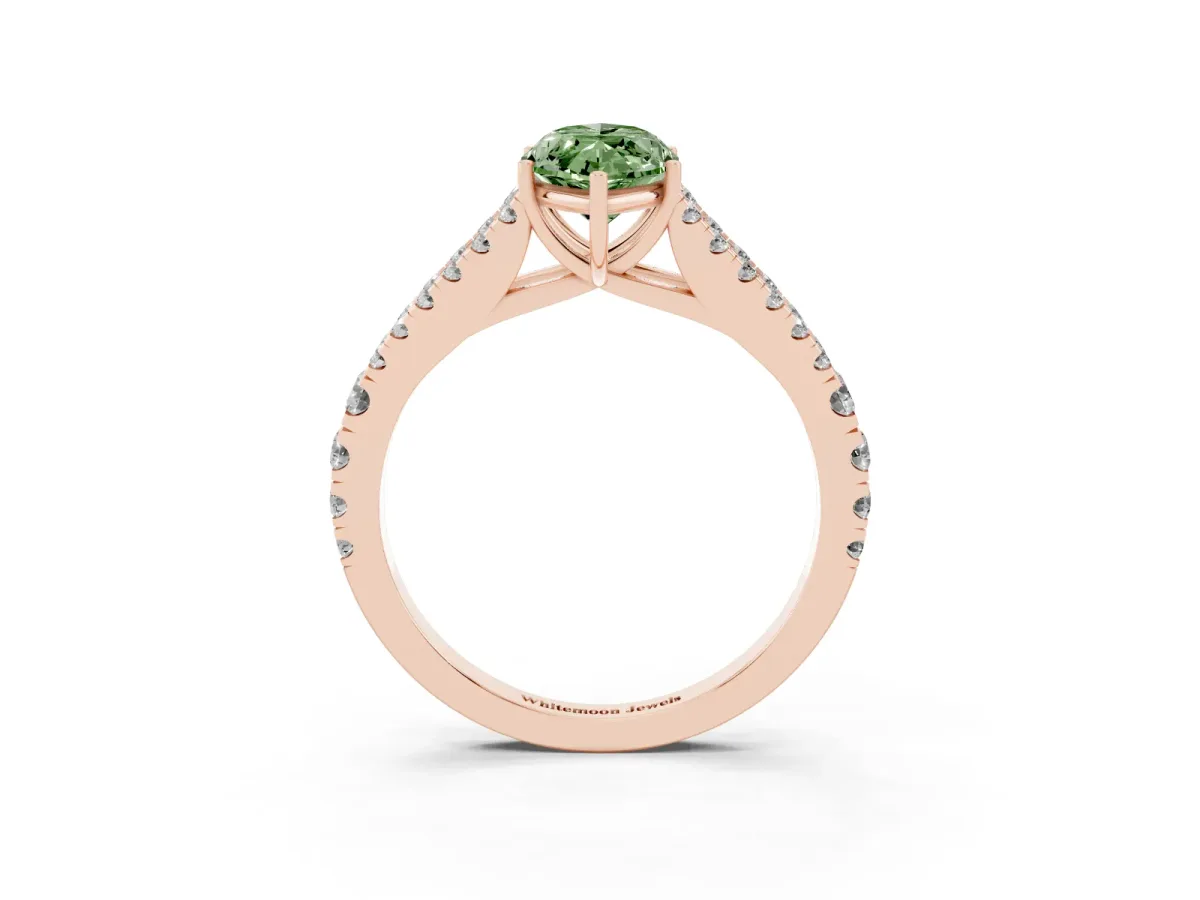 Fancy Green Marquise Cut Diamond Split Shank Pavé Engagement Ring with Four-Prong Setting Rose gold