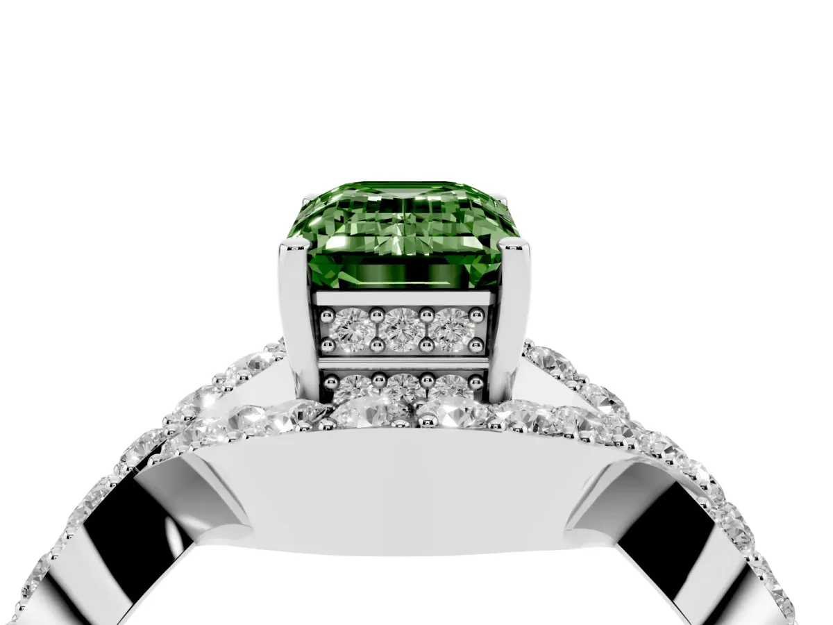 Fancy Green Emerald Cut Solitaire Twist Band Pavé Diamond Engagement Ring Silver