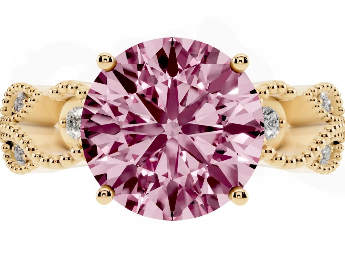 Fancy Pink Round Cut Solitaire Milgrain Leaf Band with Prong Setting Yellow gold