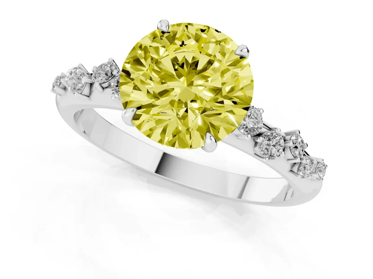 Fancy Yellow Round Cut Diamond Cluster Prong-Set Solitaire Ring Silver