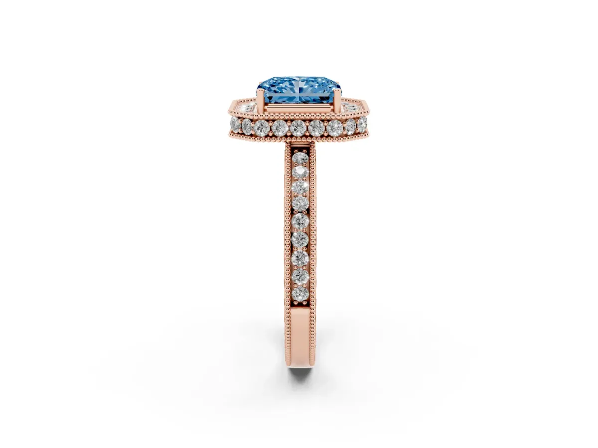 Fancy Blue Radiant Cut Diamond Milgrain Halo Engagement Ring with Round Pavé Band and Prong Setting Rose gold