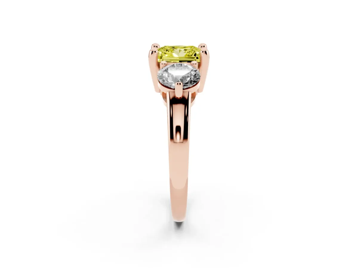 Fancy Yellow Three-Stone Princess Cut Brilliant Cut Solitaire Ring with Prong Setting on a Classic Band Rose gold