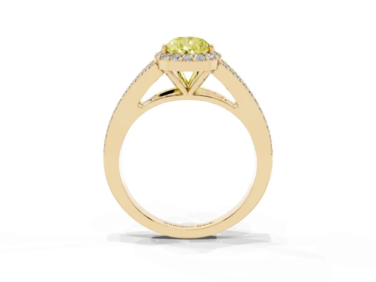 Fancy Yellow Pear Cut Halo Split Shank Diamond Ring with Prong Setting Yellow gold
