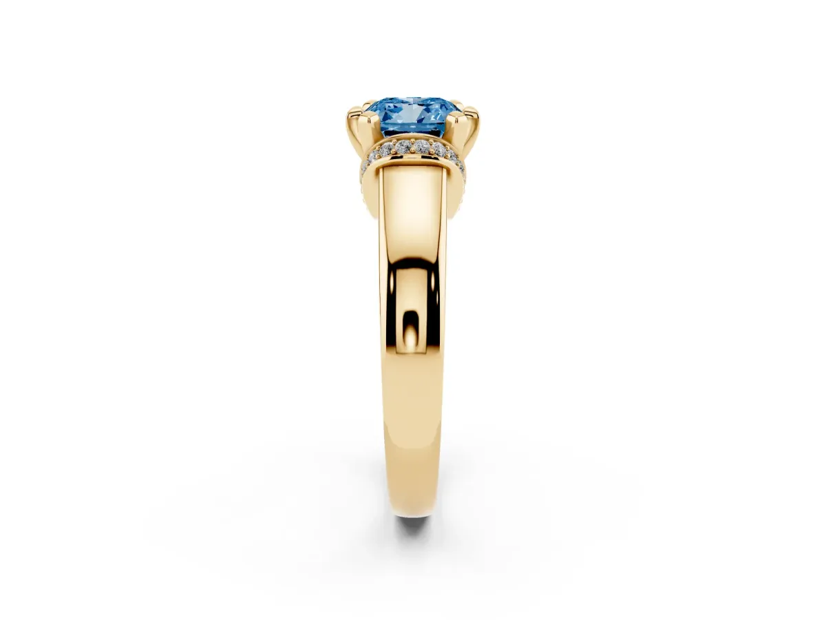 Fancy Blue Cushion Cut Solitaire Diamond Ring with Pave Band and Six-Prong Setting Yellow gold