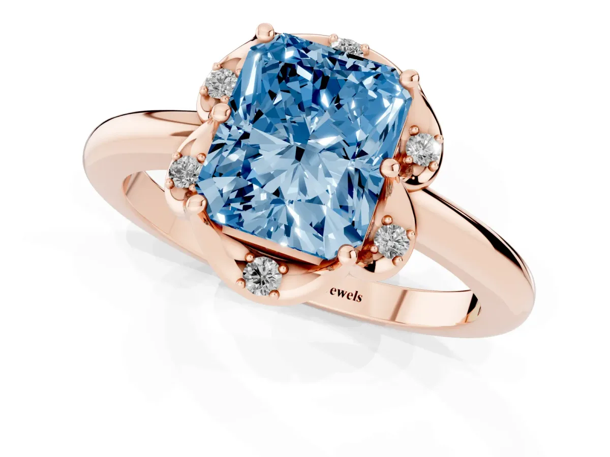 Fancy Blue Radiant Cut Halo Diamond Ring with Round Cluster Setting, Solitaire Band, and Four-Prong Setting Rose gold