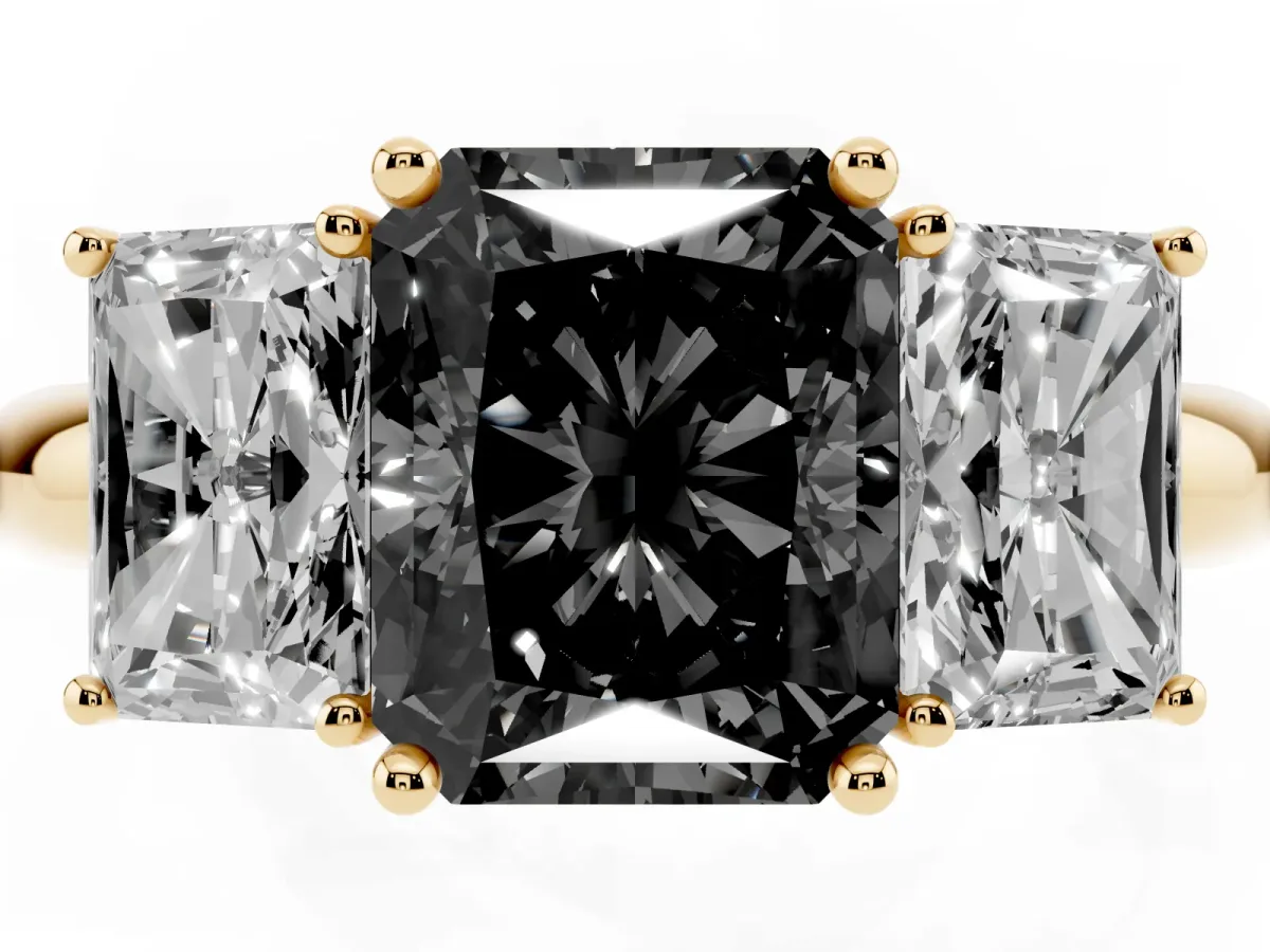 Fancy Black Three-Stone Radiant Cut Cut Diamond Engagement Ring with Prong Setting on a White Gold Band Yellow gold