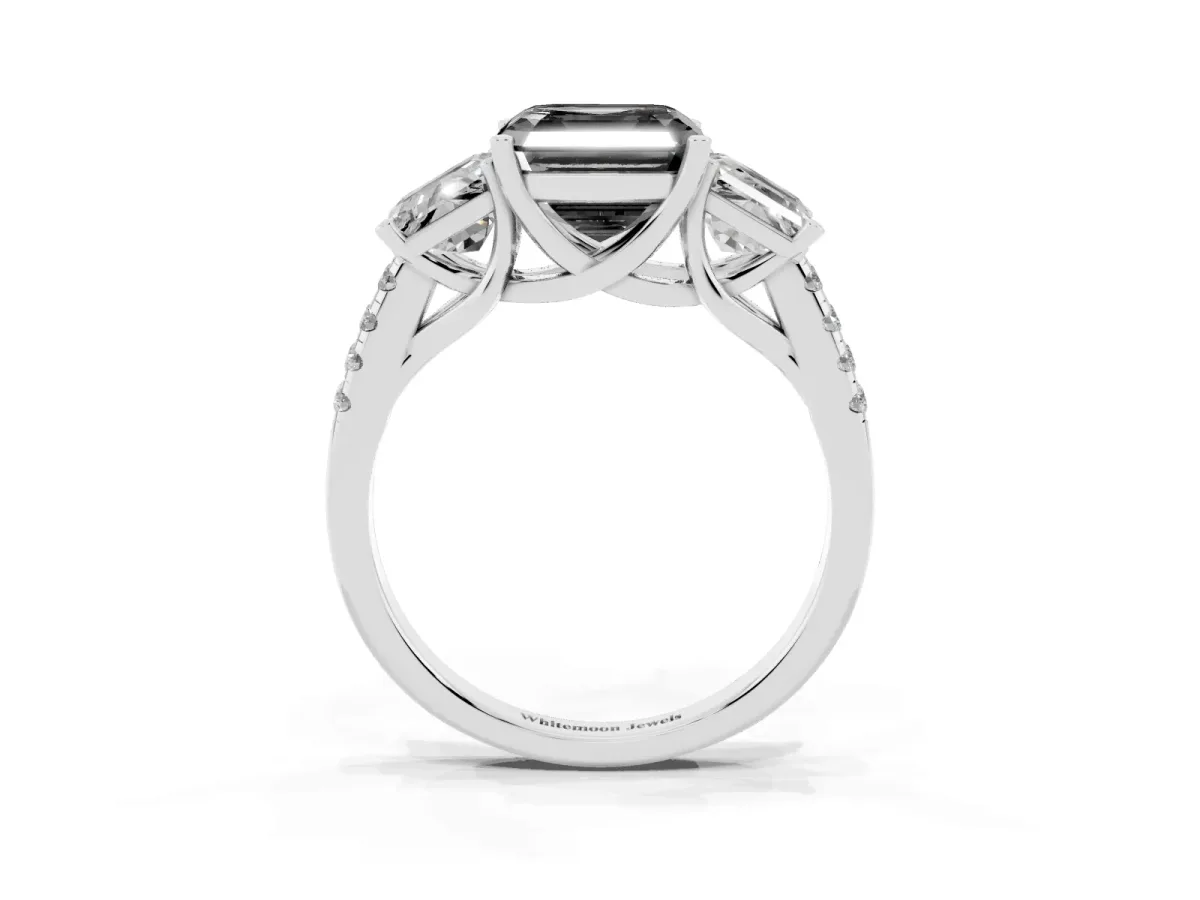Fancy Black Three-Stone Asscher Cut Diamond Ring with Round Pavé Band and Prong Setting Silver
