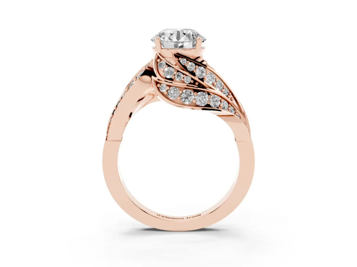 Round Cut Diamond Solitaire Ring with Prong Setting and Twisted Pavé Band Rose gold