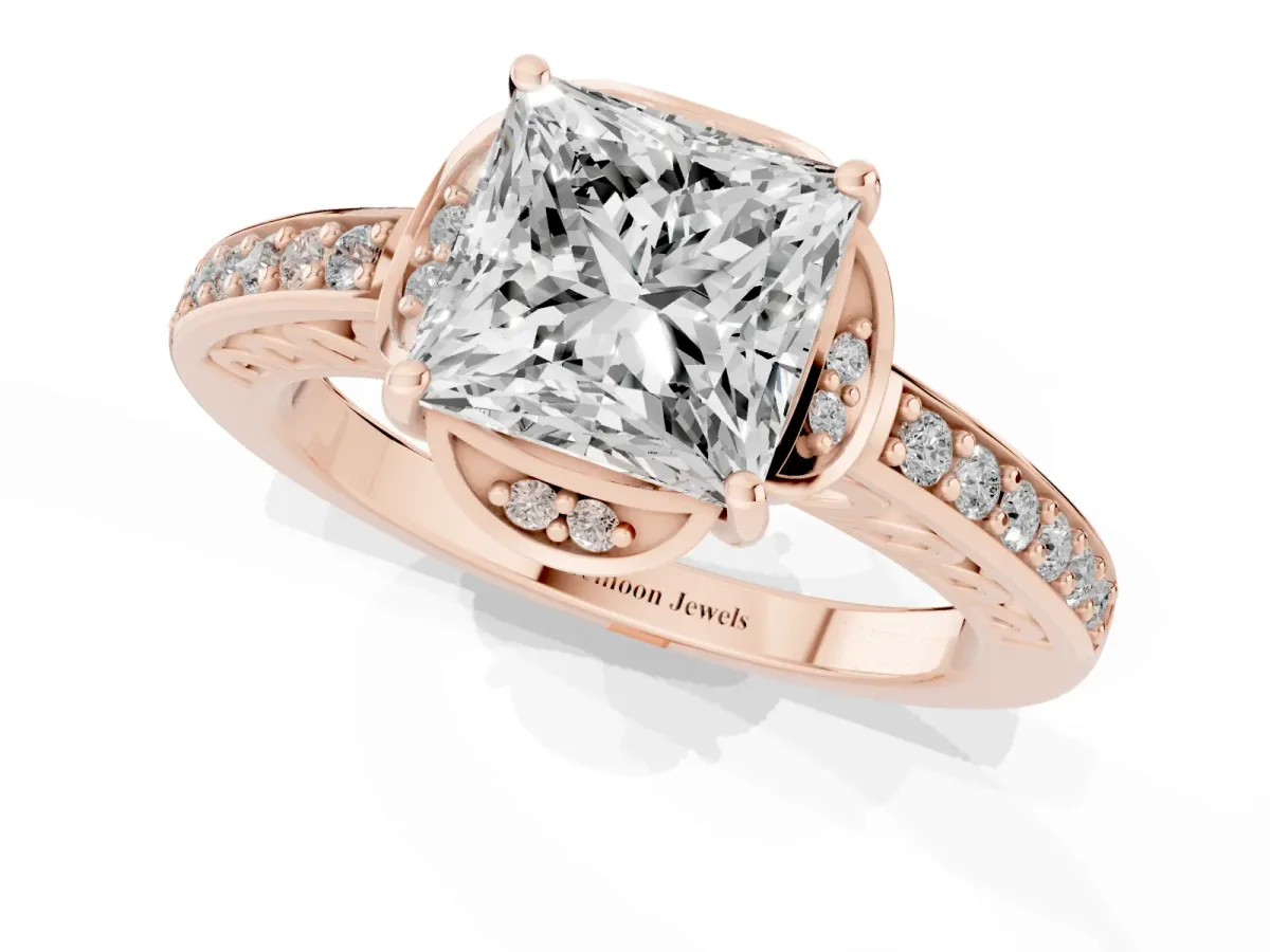 Princess Cut Cut Halo Diamond Ring with Channel Set Band and Four-Prong Setting Rose gold