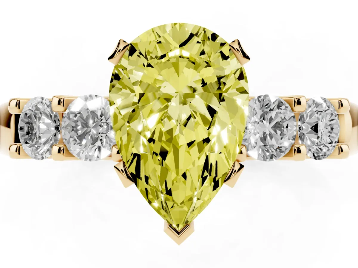 Fancy Yellow Pear Cut Brilliant Cut Diamond Five-Stone Prong Set Engagement Ring with Channel Band Yellow gold