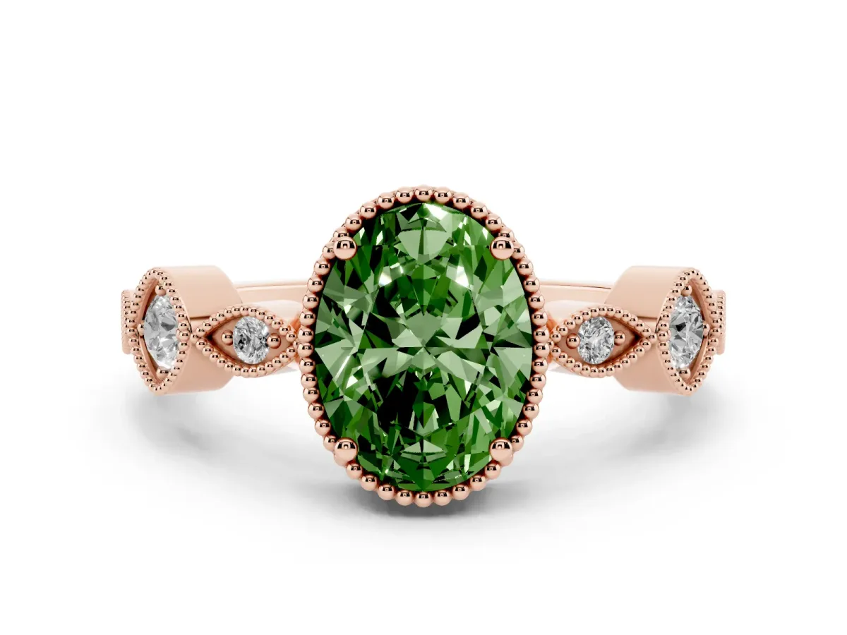 Fancy Green Oval Cut Diamond Vintage Milgrain Ring with Round Stations Rose gold